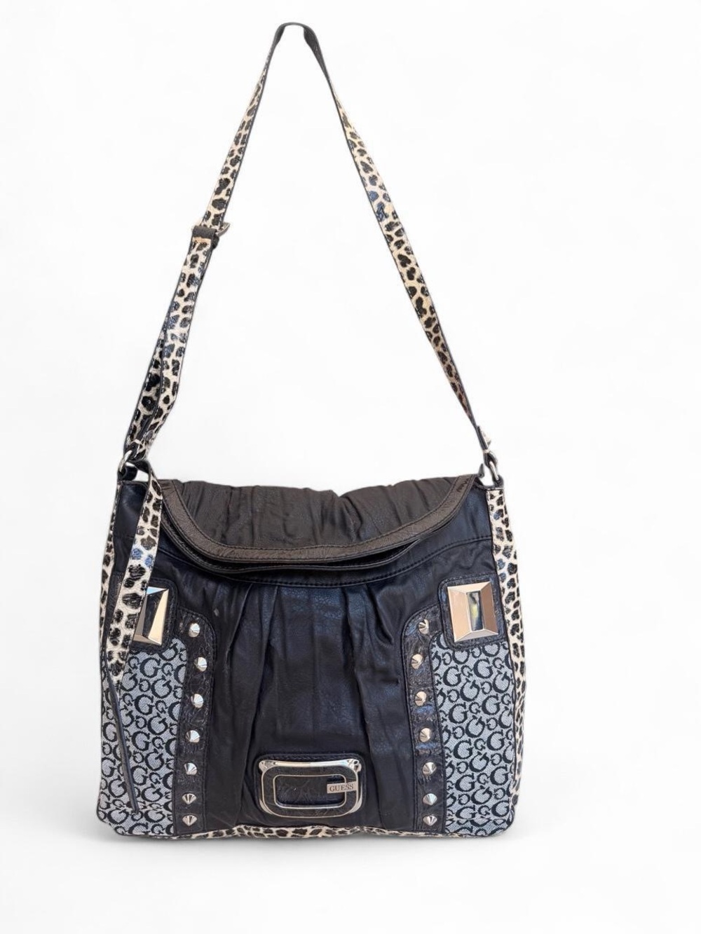 Guess Black and Beige Leopard-Trim Hobo Shoulder Bag